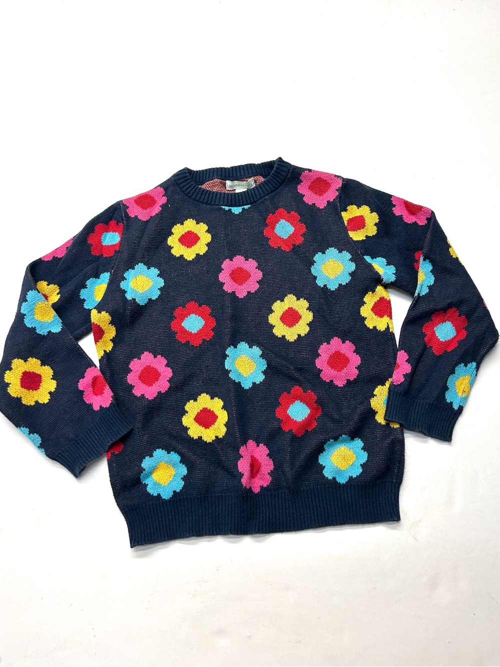 Margherita Navy Blue Floral Knit Crewneck Sweater Rainbow Multicolor Flowers